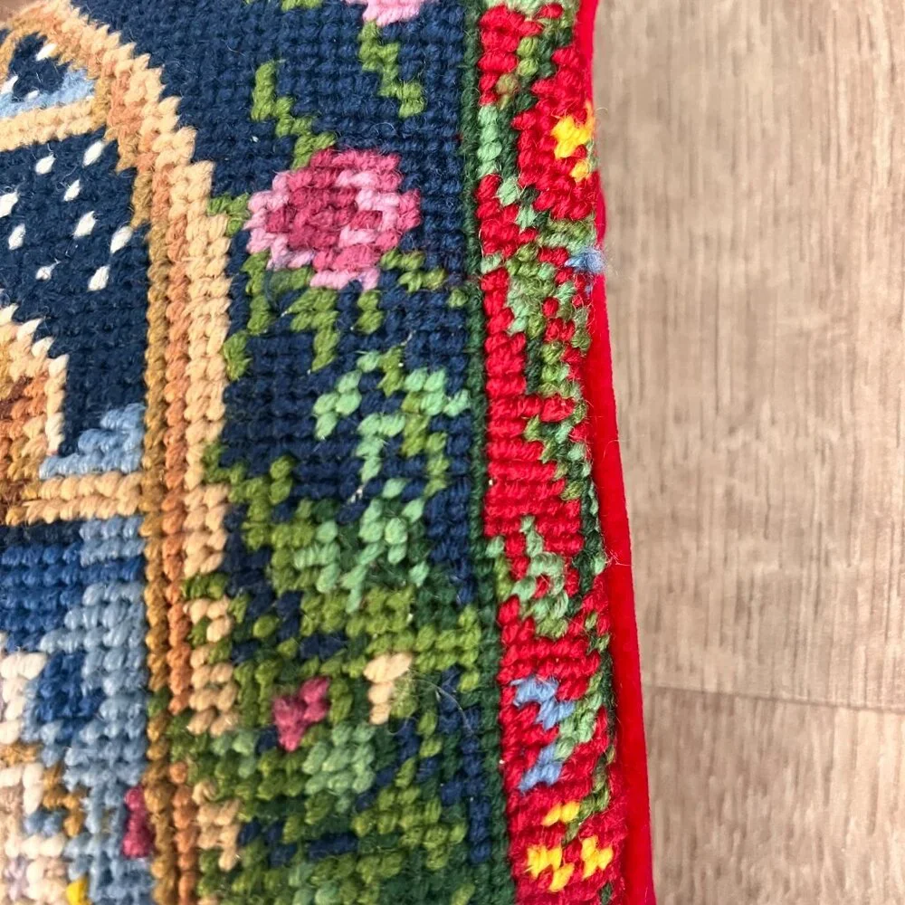 Vintage Needlepoint Christmas Throw Pillow Velvet Santa Holiday Decor